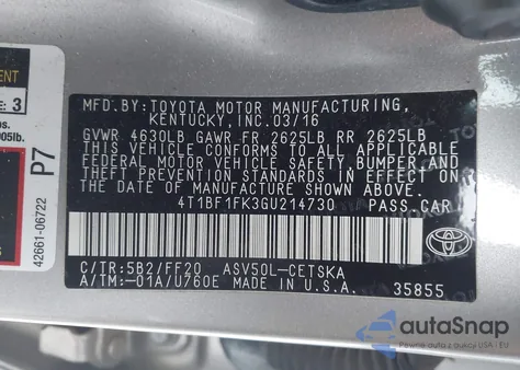 2016 Toyota Camry Se from USA, damaged, VIN 4T1BF1FK3GU214730